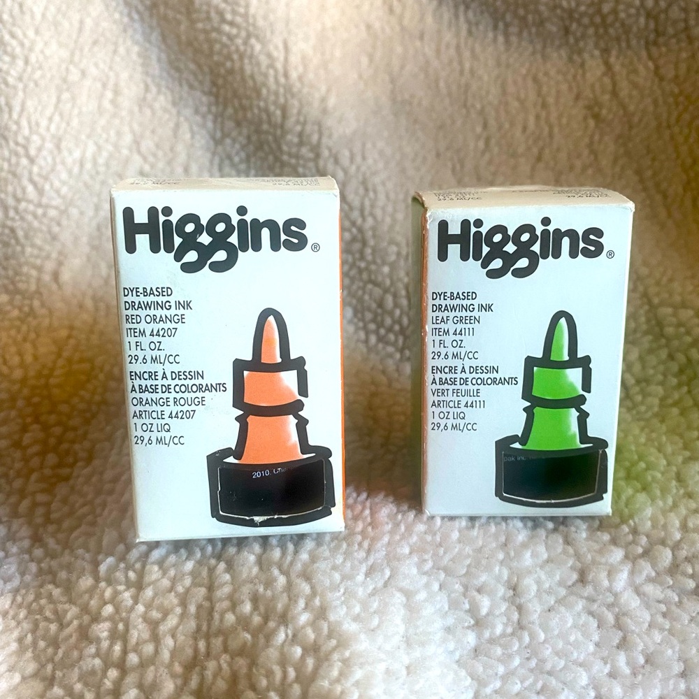 Higgins Red Orange & Leaf Green Dye Drawing Ink Paint 1oz each